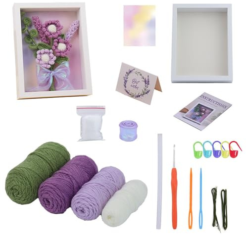 Xinyanmy Häkel Set für Anfänger,DIY Häkel Set mit Display Rahmen,Einschließlich Häkelnadel,Garnkugeln,Nadeln, Strick für Muttertag,Geburtstage mit Schritt für Schritt Videoanleitung (Lavendel)