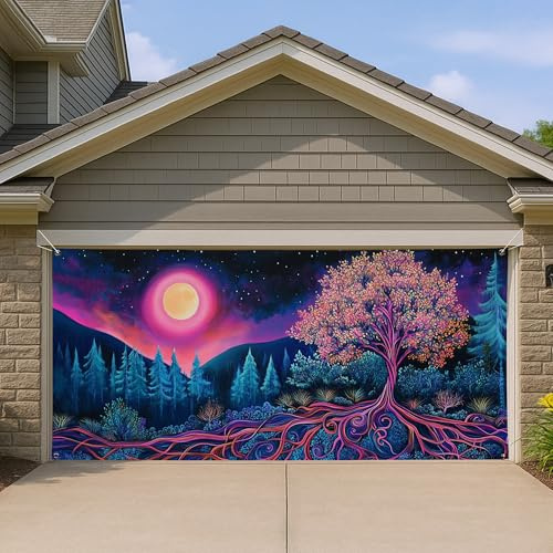 Violet Night Forest - Cubierta para puerta de cochera con luna grande y árbol, telón de fondo decorativo para exteriores, decoración de otoño de Halloween, patio, 157 x 71 pulgadas
