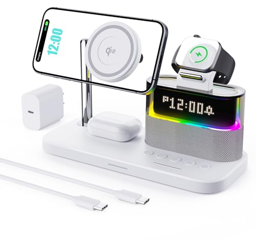 5-in-1-Kabellader mit Wecker, kabellose LadeStation mit Nachttischlampe kompatibel mit iPhone 17 16 15 14 13 12 Pro Max, Apple Watch und kabelladen-fähige Earbuds, Enthält einen 33W-Adapter