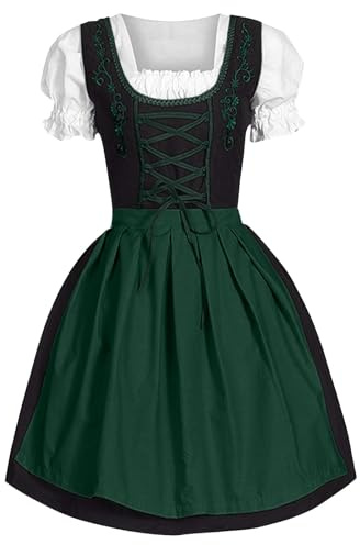 Women Dirndl Dress Oktoberfest Costume German DirndlDress 3 Pieces Plaid Dress with Apron Fancy Midi Skirt Oktoberfest Outfit Bavarian Costumes for Bavarian Beer Carnival