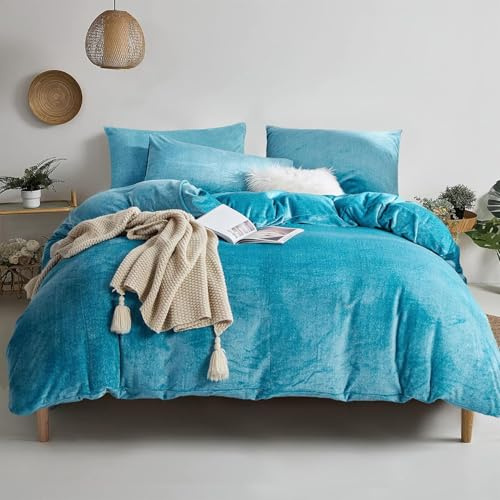 YASMENG Housse de Couette Flanelle 220x240 Hiver Chaude Turquoise Velours Laitier Parure de Lit Polaire Doux Douillet Duveteux Linge de Lit 2 Personne avec Fermeture Éclair et Taies d'oreiller 65x65