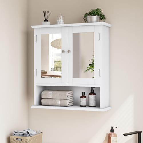 LFGUIZO Spiegelschrank mit verstellbaren Regal, Badezimmerschrank mit Spiegeltür, Badschrank hängend, Wandschrank für Badezimmer, Waschküche, Küche, Wandmontage, 54.6 × 19.8 × 60 cm, Weiß