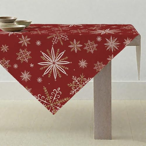 ViaElayu Tischdecke Weihnachten Weihnachtsdeko Klein Weihnachtstischdecke Mitteldecke 85x85 cm Rot Weihnachts Tischdeko mit Weiße und Gold Schneeflocken Abwaschbar Modern Winter Küche Tisch Deko