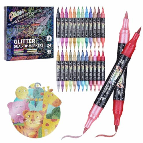 KEMYR Glitzerstifte Set 48 Farben Doppelspitzen Glitzer filzstifte 24er Pack Metallische Glitzer Marker für Karten DIYHandwerk Doodling Schreiben ErwachseneMalbücher Kunstmaterialien Scrapbooking