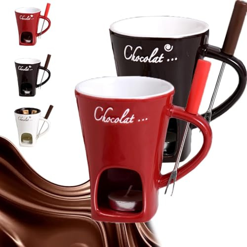 Schokofondue Tasse Set mit Gabel,Becher zum Schmelzen von Schokolade,Keramik Schoko Fondue Tassen,Mehrzweck Schokoladenfondue Tasse Set,Wärmebecher für Käse Butter Süßigkeiten Karamell (Rot+Schwarz)