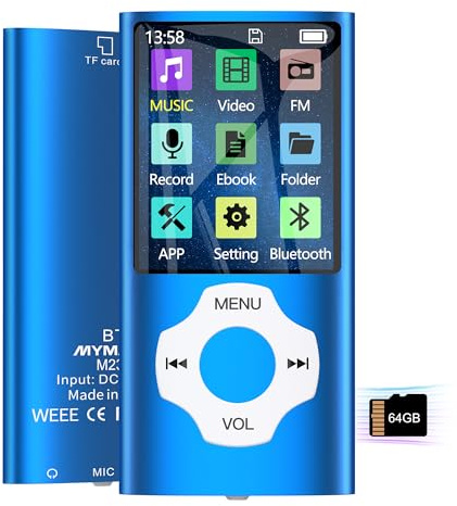 MYMAHDI 64GB MP3 Player with Bluetooth, Pocket Designed 1.8 LCD Screen Music Player with Music, Video, FM Radio, E-Book Reader, Voice Record, Photo Viewer, MP4/MP3 Player for Kids, Darkblue