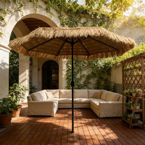 JPQTRYDRIS Grande Sombrilla De Imitación Paja para Patio De 270 Cm, Sombrilla De Exterior con Manivela, Protección Solar Y Resistente Al Viento, Sombrilla Parasol para Playa, Patio, Balcón O Piscina