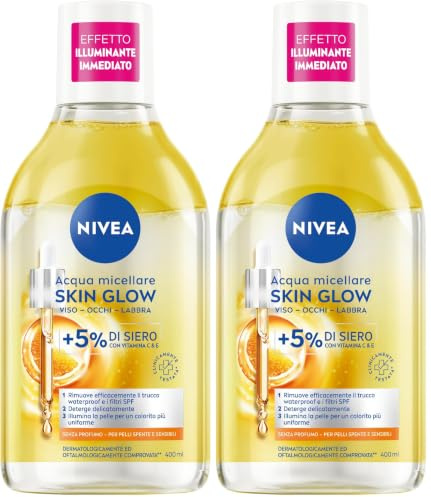 NIVEA Mizellenwasser Skin Glow 400 ml, Gesichts- und Augen-Make-up-Entferner mit 5% Serum + Aminoacid Complex Gesichtsreiniger, Augen- und Lippenreiniger ohne Ausspülen für stumpfe und empfindliche