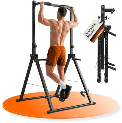Parex Klappbarer Power Tower, faltbar auf 28 cm, 4-in-1 Klimmzugstange freistehend & Dip Station, höhenverstellbare Kraftstation für Home Gym & Calisthenics, Kraftturm belastbar bis 150 kg, Schwarz
