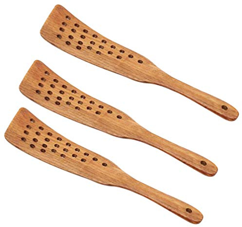 , 3 spatole in legno per bistecche, fori, con filtro curvo e resistente alle alte temperature, pala girevole, per casa, ristorante