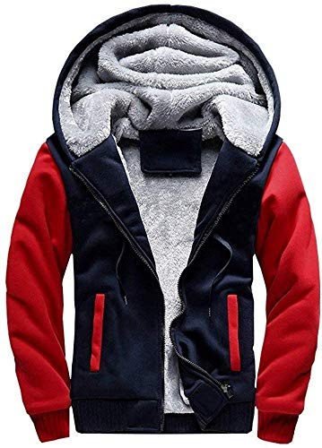 VSUSN Sudadera con Capucha para Hombre con Cremallera Manga Larga Ropa de Abrigo Invierno Cálido Forro Polar Chaqueta Más Dicke Sudaderas con Capucha(Rojo&Azul,2XL)
