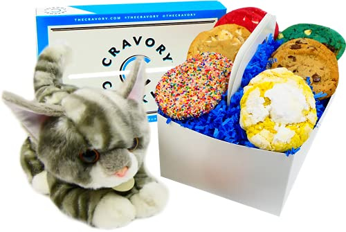 The Cravory: Kids Cookie Box and Plush Toy Cat - Snacks Variety Pack for Kids and Adults - 6 (2-oz.) Cookies - 6 Flavors - Happy Birthday Snack Box or Care Package - Baked Fresh, Individually Wrapped