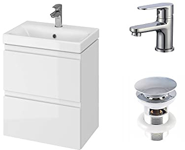 VBChome Badmöbel 50 cm Slim Weiß mit Armatur und Pop-up ventil Waschbecken mit Unterschrank Waschtisch 2-Schubladen hängeschrank Click-Clack