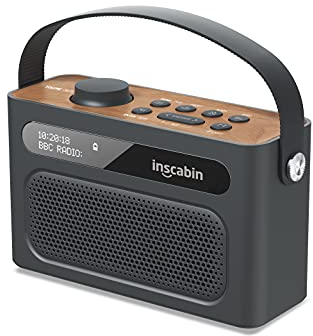 Inscabin M60 Tragbarer DAB/DAB + FM-Digitalradio/Bluetooth/Stereo-Sound/Doppellautsprecher/Doppelwecker/Subwoofer/Akku/Schönes Design (Schwarz)