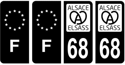 HADEXIA Nummernschild-Aufkleber, französisches Departement 68, Region Alsass, Alsass, Schwarz und F, Frankreich, 4 Stück