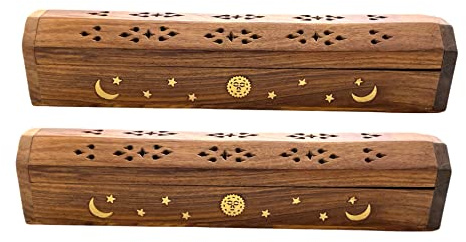 Crystalo - 2 Pack Wooden Coffin Incense Sticks Burner - 12 Inches Brass Inlays - Storage Compartment (Sun Moon Star)