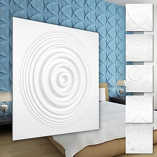 HEXIM 3D Wandpaneele, PVC Kunststoff weiß - Kreis Design Paneele 50x50cm Wandverkleidung (3QM HD075) Gaming Idee Wohnzimmer Kreise