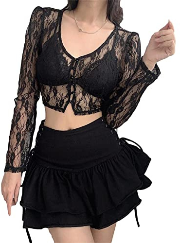 Loalirando Crop-Top Boléro Femme en Dentelle à Manches Longues Chemise Court Sexy Transparent