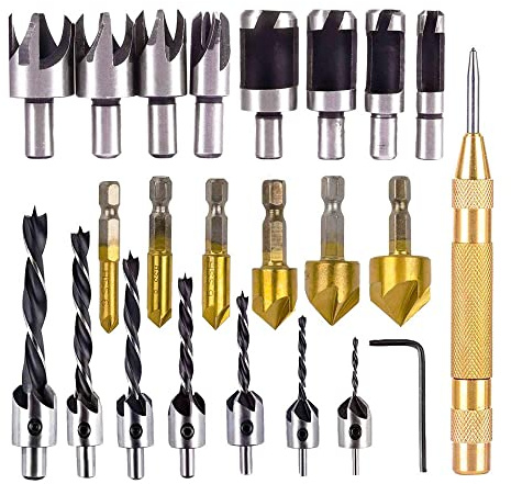 23pcs Drill Bit Set, 6 Countersink Drill Bits, 7 Three Pointed Countersink Drill Bits with L-Wrench, 8 Wood Plug Cutter Drill Bits, for Wood DIY Door Window Cabinet