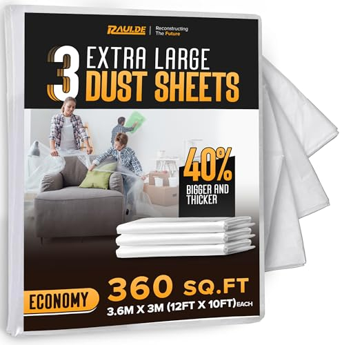 12x10FT 3 Pack Extra Large Plastic Dust Sheets for Decorating - 3.6M x 3M - Plastic Dust Sheets for Painting - Clear Plastic Sheet for Furniture & Floor - Polythene Sheeting - Dust Cover - RAULDE