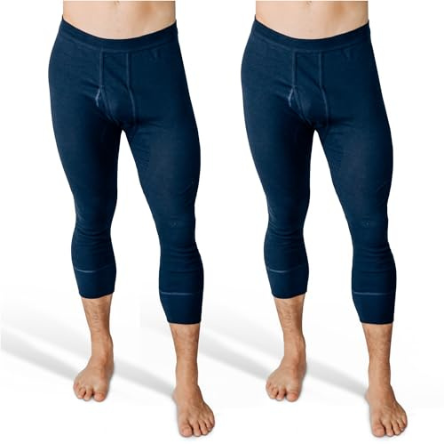 SES 3/4 långa kalsonger herr finribbad 2-pack S – 4XL – 100 % bomull med gylf och mjukt midjeband – bekväma kalsonger män, långa ben, vita, marinblå, S