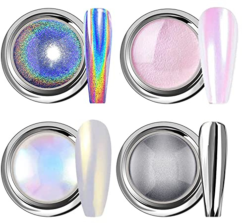 Chrome Nail Powder - White Pearl 4Pcs Metallic Holographic Mermaid Aurora Nail Art Pigment for DIY Manicure