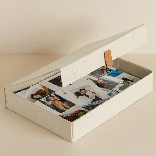 ZICOTO Caja decorativa de almacenamiento de fotos con tapa, un hermoso organizador de lino perfecto para almacenar de forma segura tus fotos, documentos, suministros de álbumes de recortes, recuerdos