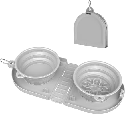 TOKAYIFE Faltbarer Hundenapf Reisenapf Hund Faltbare 2-in-1-Wassernapf und Futternapf Mit Karabiner für den Innen- und Außenbereich (Doppelte Schüssel, Grau)