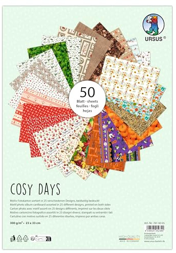 Ursus 7810005 - Fotokarton, Cosy Days, 50 Blätter, ca. 23 x 33 cm, 300 g/m², beidseitig bedruckt mit 25 verschiedenen Motiven, aus Frischzellulose, zum vielseitigen Basteln