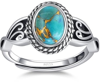 BONLAVIE Türkisfarbener Ring Silber 925, Ovaler Goldene Kiefernlinie Türkis Ringe, Vintage Silbernem Muster Verstellbare Ringe für Frauen, Silberring 925 Damen