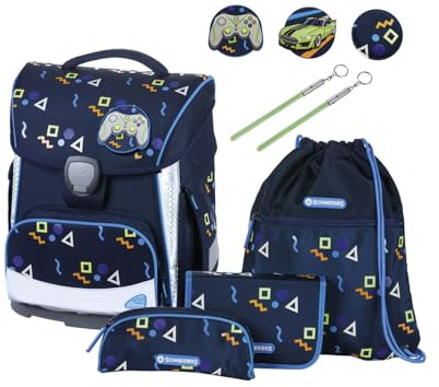 Schneiders 78047-072 - Schulranzen Toolbag Plus Level One, 8-teiliges Set mit Schultasche, Federmäppchen, Schlamper, Sportbeutel, 2 Klett-Motiven und 2 Leuchtstäben