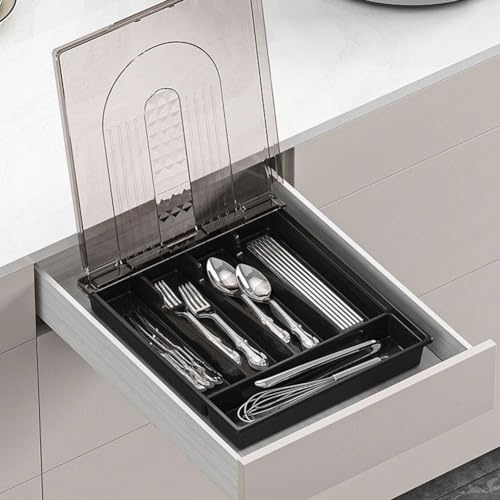 Bac de rangement pour couverts, organiseur avec couvercle, plateau amovible pour organisateur de couverts, plateau à ustensiles couvert pour tiroir de cuisine et comptoir (noir)