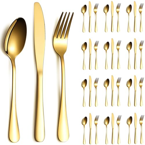 ReaNea Set di Posate In Oro 36 Pezzi Servizio Per 12, Coltelli In Acciaio Inox Set di Forchette Cucchiaio per Matrimonio, Feste, Evens, Casa, Regalo per il Ringraziamento