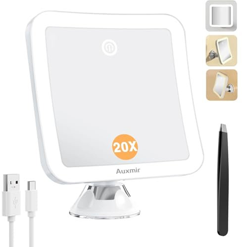 Auxmir 20X Schminkspiegel mit Beleuchtung, 2000mAh Aufladbar Kosmetikspiegel mit Saugnapf, 3 Lichtfarben Dimmabr Helligkeit, Vergrößerungsspiegel 20fach mit Licht, 360° Drehbar, Tragbar für Bad, Reise