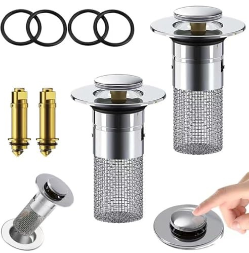 2 pezzi - Piletta per lavabo pop up, universale, filtro di scarico in acciaio inox, tappo per lavabo anti-intasamento con filtro per vasca da bagno, cucina, lavandino