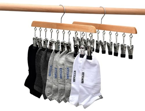 GmeDhc 2 Stück Sockentrockner Wäscheständer aus Holz | Winddicht Trockengestell mit 10 Clips für Socken, für Socken, Unterwäsche, Mütze, Schal, Handtücher, Schuheinlagen