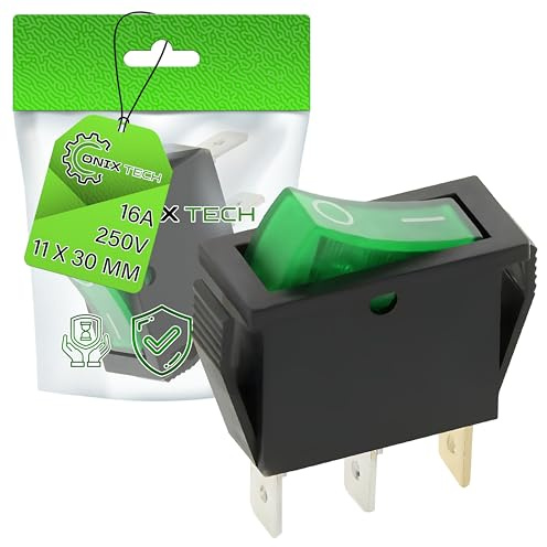 Interrupteur Unipolaire Vert Lumineux 11x30mm 16A 250V Connexion 3 | Fastons 6,3mm - Garantie de 5 Ans - ONIX TECH