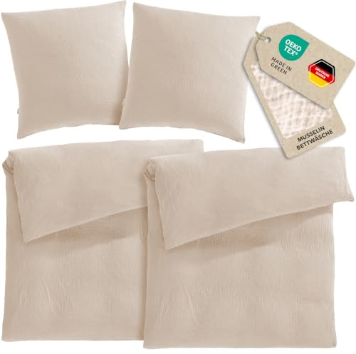 Pure Label Musselin Bettwäsche 155x220 4 teilig bestehend aus Bettbezug 155 x 220 cm 2er Set + Kissenbezug 80x80 cm 2er Set aus Baumwolle - Traumhaft kuschelige Bettwäsche-Sets in beige