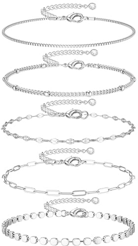 Dochais Set 5 Pezzi Bracciali Donna Argento e Oro 14K - Acciaio Inossidabile, Catena Regolabile, Stile Figaro e Serpente per Ragazze e Donne