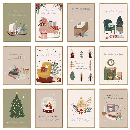 BIROYAL 12er Weihnachtskarten mit Umschlag Set - Heiligabend & Weihnachtsbaum Karte Weihnachten - A6 Weihnachtskarte - Grußkarten Weihnachten - Christmas Card - Klappkarten für Familie, Freunde