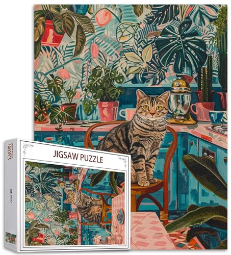 Puzzles d'animaux mignons 1000 pièces pour adultes, familles (chat plante d'intérieur palmier tasse à café) pièces s'emboîtent parfaitement ensemble 19,7 pouces x 27,6 pouces scène de cuisine