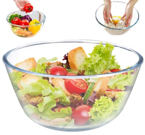 KYEQATY Insalatiera da 2,6 l, ciotola in vetro trasparente, adatta al microonde, ciotola rotonda per insalate, dessert, forniture per la casa