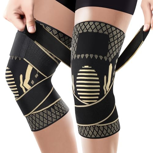 Copper Knee Support for Men/Women with Strap, 2 Pack Knee Compression Sleeve, Adjustable knee Brace Support for Arthritis, ACL, MCL, Meniscus Tear, Knee Pain Relief, Running, Sports, L
