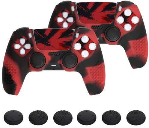 PlayVital 2 Cover Joystick per ps5 Controller-Compatibile con ps5 Base Ricarica, Custodia Silicone Antiscivolo&Copri Analogici&Adesivi Skin per Touchpad,3D Borchiate-Rosso Nero