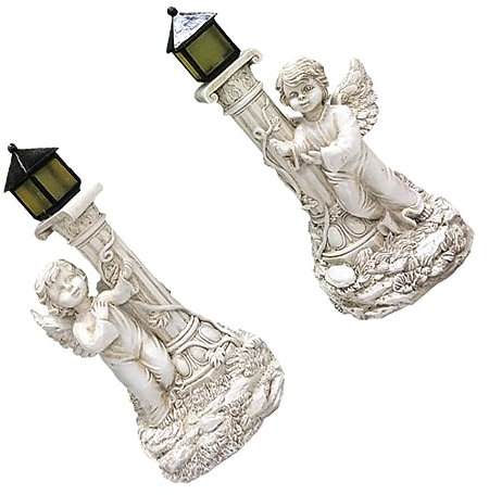 BESPORTBLE Lot De 2 Lampes Solaires Ange Chérubin En Résine, Décoration De Jardin, Statue Colonne Romaine, Éclairage Solaire Extérieur Pour Cour Et Terrasse, Écoénergétique Et Solide