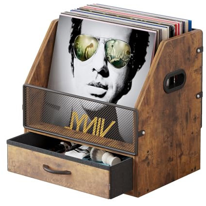 VonDream Vinyl Record Storage with Drawer, Vinyl Record Box Case Crate, Desktop Metal & Wooden LP Record Crate, Holds up to 60 Records (Antique)