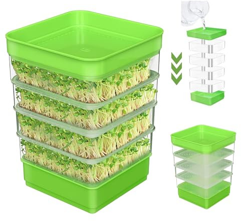 ohbien 4-stöckiges Microgreens Anzuchtset, stapelbar, Küchensamen-Samen-Keim-Keim-Set mit Abflusslöchern und Ablaufschale, hohe Knospenrate, Samensprouter-Schale, einfach zu verstauen für Sprossen