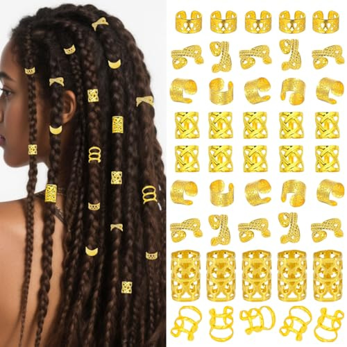 BSARECEY 120Pcs Gold Hair Jewelry for Braids Dreadlock Hair Cuffs Adjustable Braid Rings Loc Decorations Hair Charms for Women Accessories