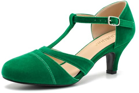 LIURUIJIA Women's T-Strap Mary Jane Pumps - Vintage Low Kitten Heels for Dance, Retro Party, or Cosplay