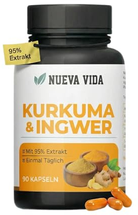 Nueva Vida Kurkuma Ingwer Kapseln Extrakte Hochdosiert - Ingwer Kurkuma Kapseln 95% Curcumin, 5% Ingwer Extrakt - Ingwer-Kapseln kapseln mit Schwarzem Pfeffer - 90 Kapseln - ingwer Extrakt hochdosiert